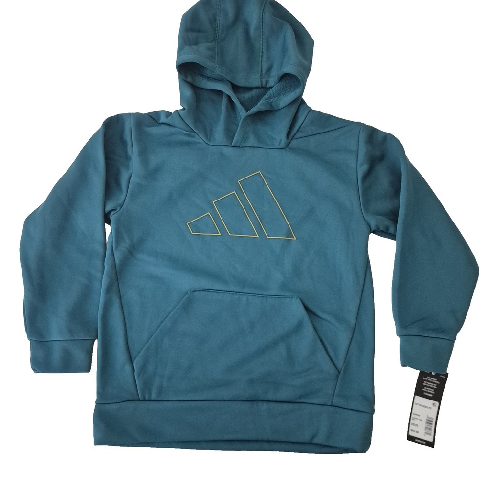 Adidas Hoodie Kids 7 Extra Small Teal Blue Pullover Fleece Kangaroo Pocket Logo